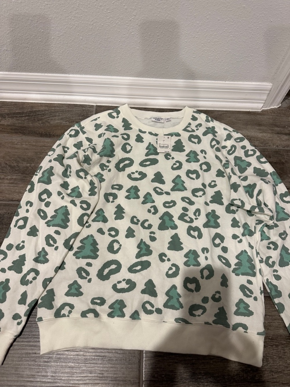 Mighty Fine Ivory Sweatshirt with Sage Green Tree & Leopard Print